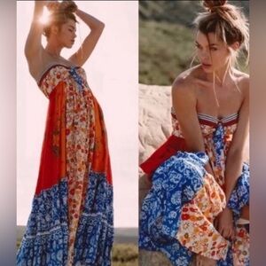 Free People Golden Dreams Floral Strapless Ruffle Maxi